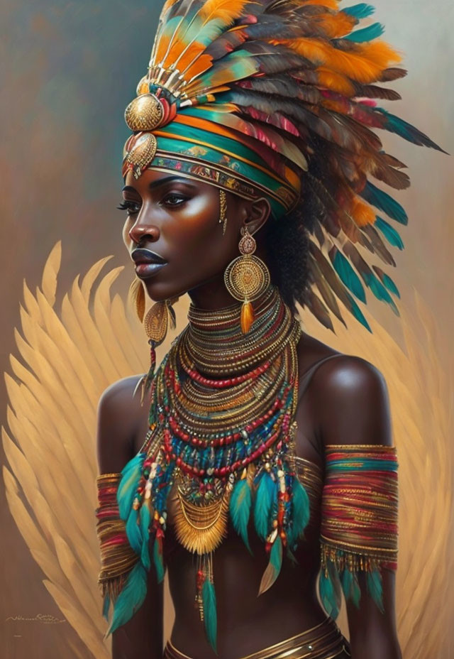 Colorful portrait of a woman in vibrant headdress and traditional jewelry