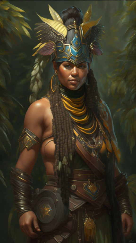 Regal female warrior with ornate helmet and braided hair in lush green setting