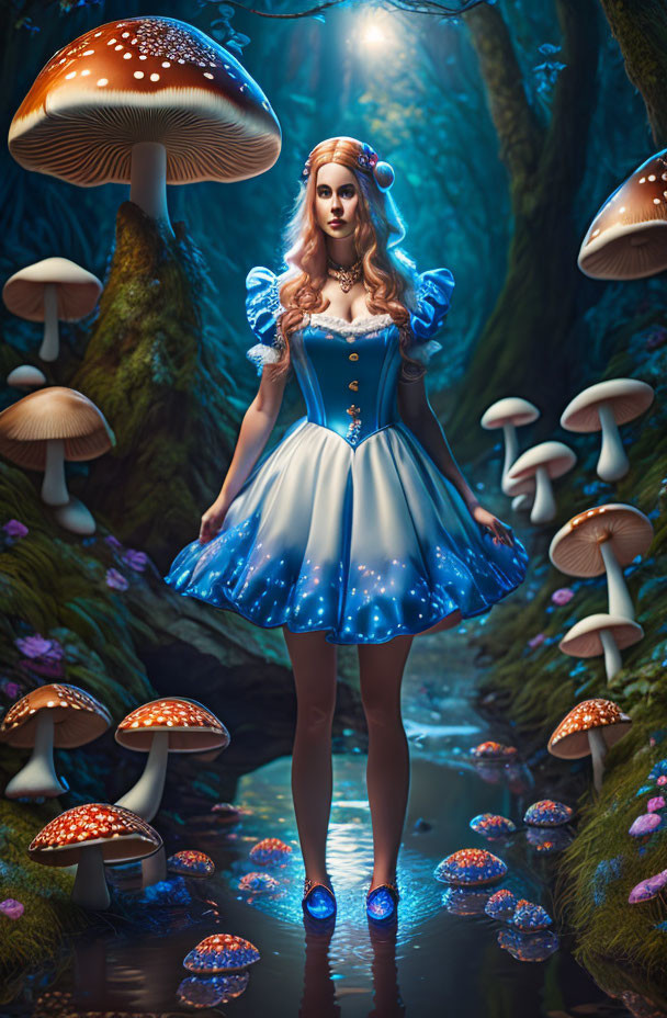 Woman in glowing blue fairy-tale dress among oversized mushrooms in enchanted forest