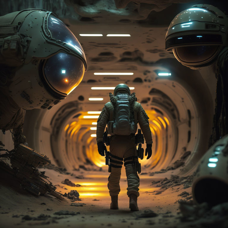 Astronaut in dimly lit futuristic corridor with helmets