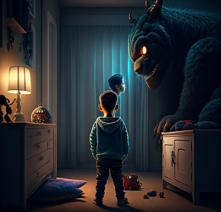 Child in bedroom with friendly monster at night - glowing eyes and horns.