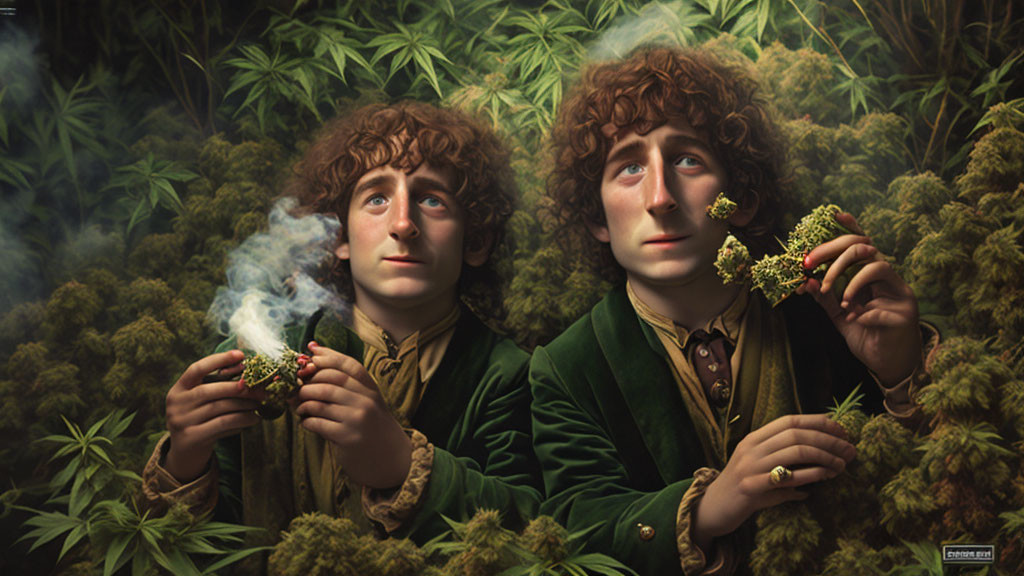 Two curly-haired individuals in green attire surrounded by foliage, one exhaling smoke.