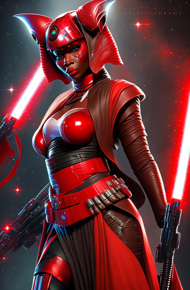 Female character in armored suit wields double-bladed lightsaber against starry backdrop