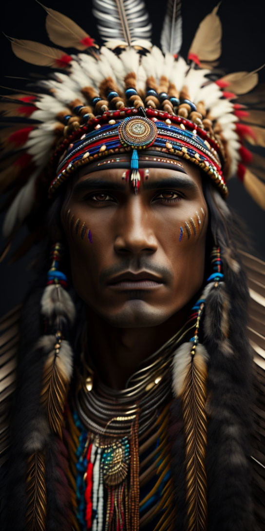 Detailed Native American headdress with feathers, beads, and face paint on person.