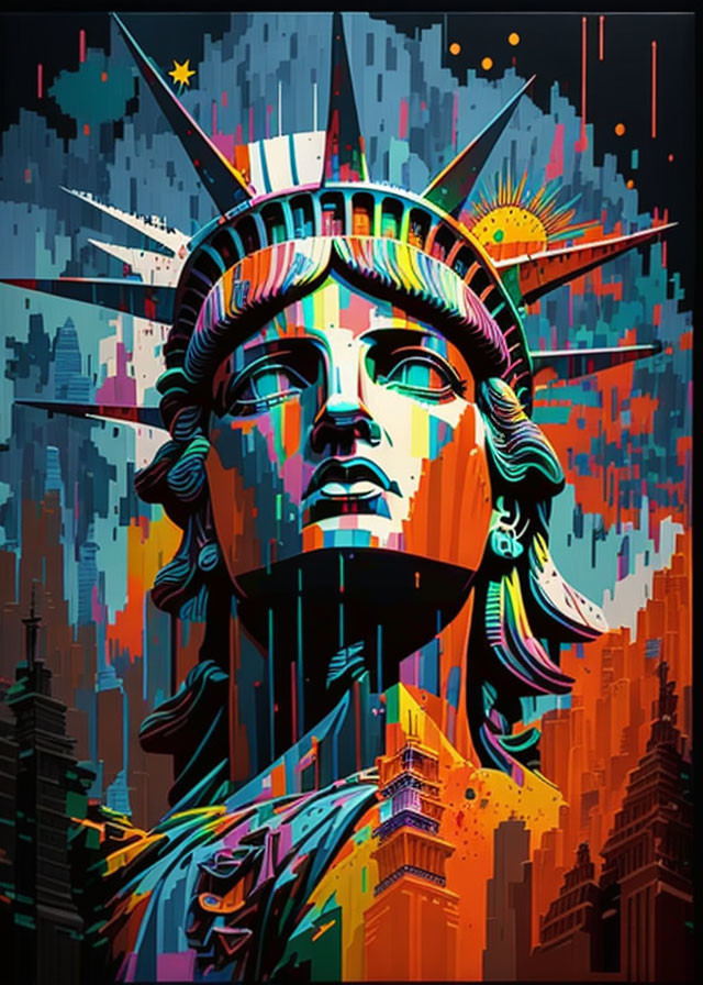 Colorful Digital Art: Statue of Liberty with Abstract City Skyline in Blue, Orange, and Yellow