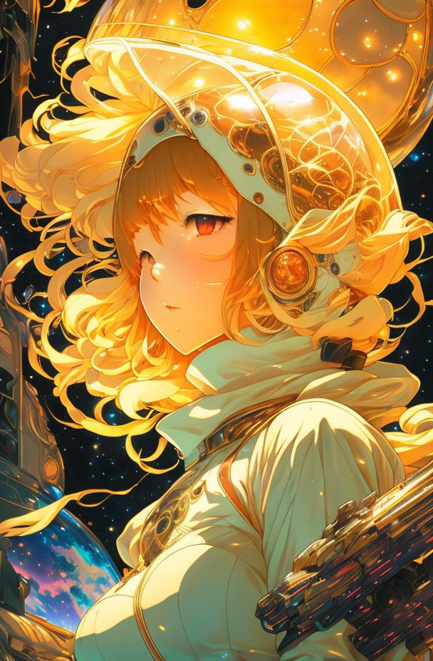 Blonde-Haired Character in Golden Helmet & White Suit in Space