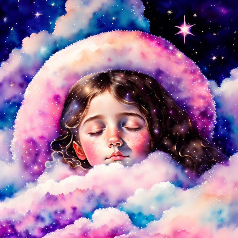 Young child peacefully sleeping on cloud under starry night sky