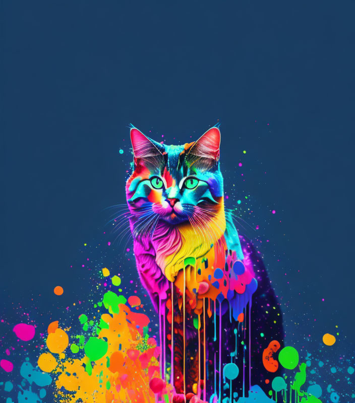 Colorful Neon Cat Artwork on Dark Blue Background