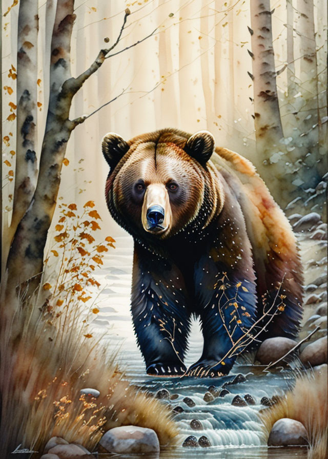 Realistic brown bear painting in birch forest with detailed fur and autumn leaves