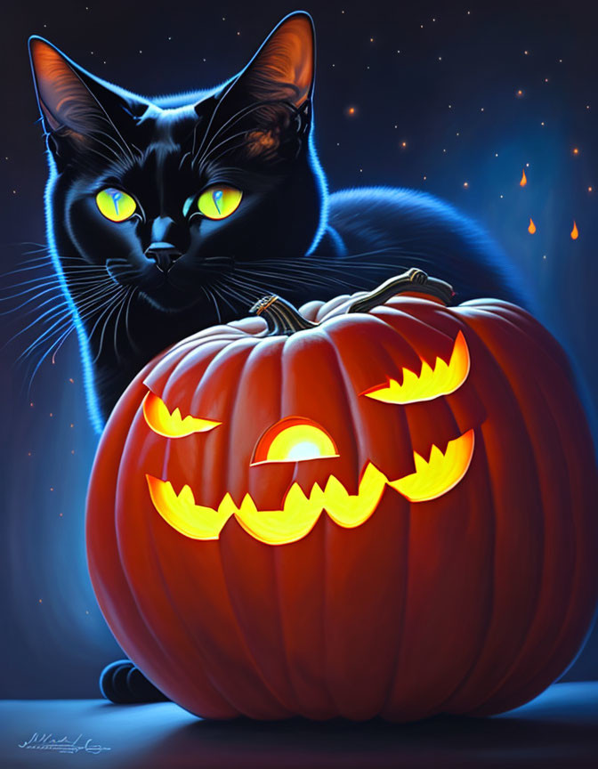 Black Cat with Green Eyes by Glowing Jack-o'-lantern on Starry Night