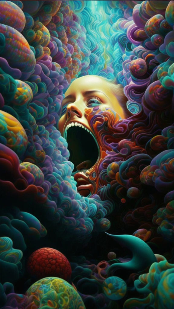 Vibrant surreal artwork: woman's face in swirling patterns