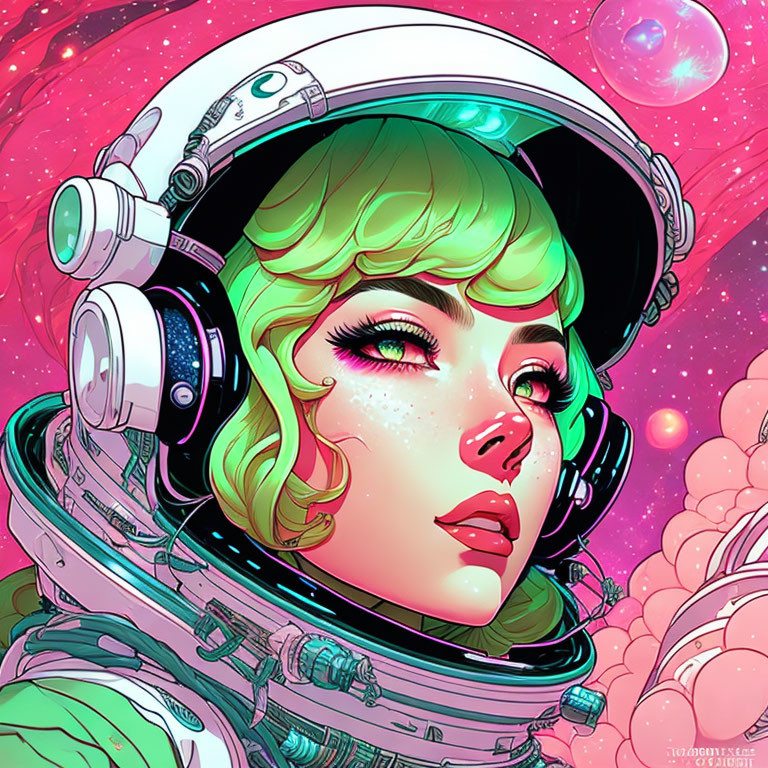 Female astronaut with green hair in spacesuit on vibrant cosmic background