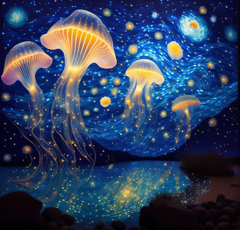 Surreal artwork: Glowing jellyfish in starry night scene