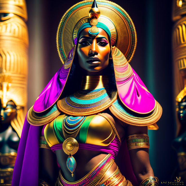 Colorful Ancient Egyptian Costume with Golden Headdress