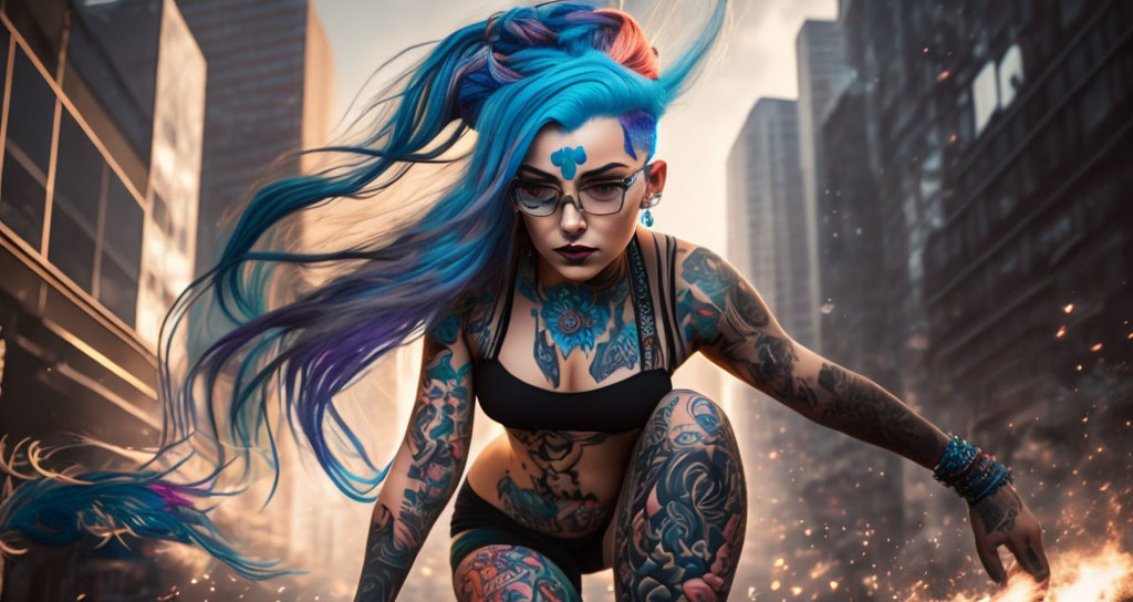 Blue-haired woman with tattoos and piercings in urban setting, sparks flying