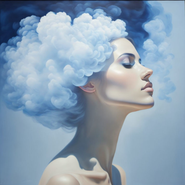 Profile view surreal portrait of a woman with cloud-like hair, soft lighting, smooth skin, serene expression