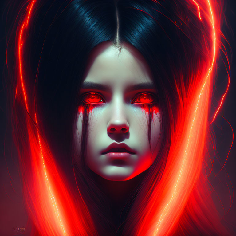 Digital artwork: Woman with glowing red eyes and neon hair streaks on dark background