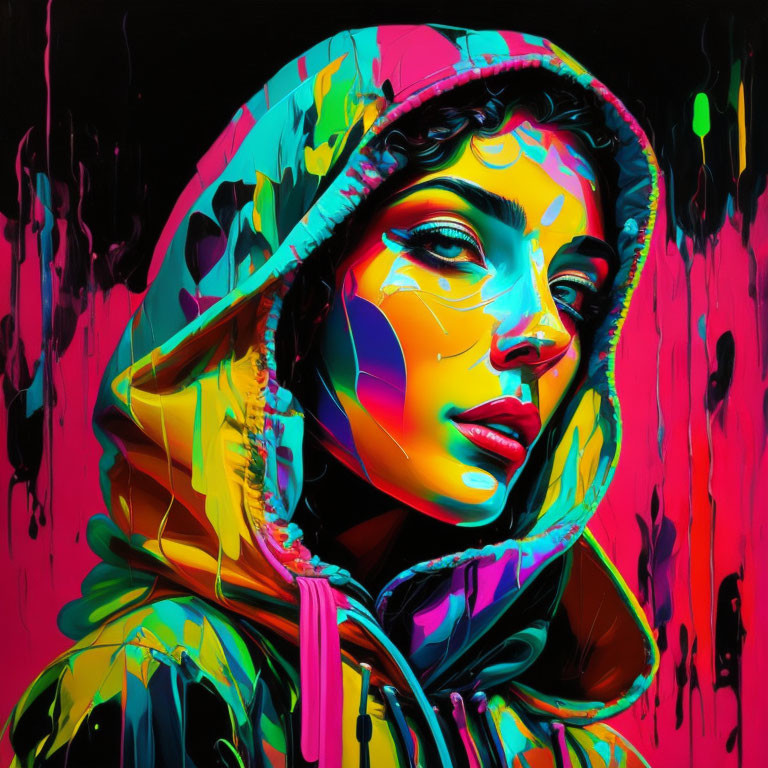 Colorful hooded portrait with neon paint drips on dark backdrop