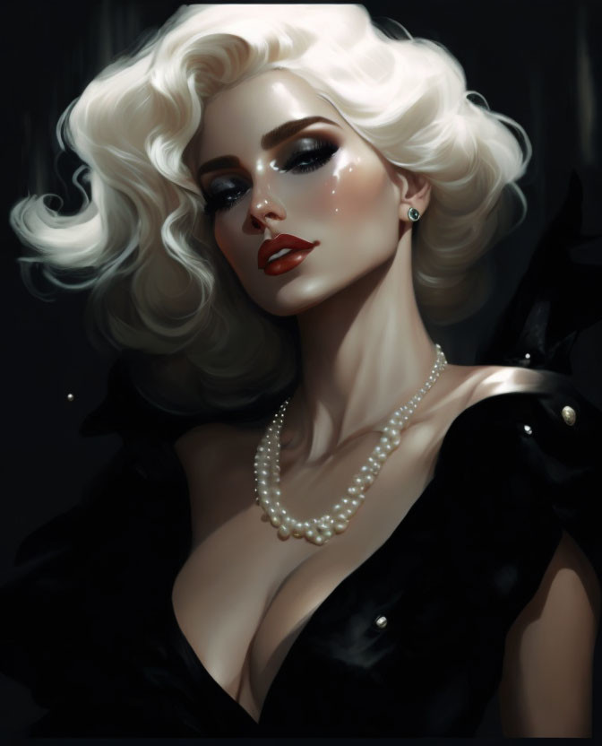 Blonde woman illustration with curly hair and pearl necklace