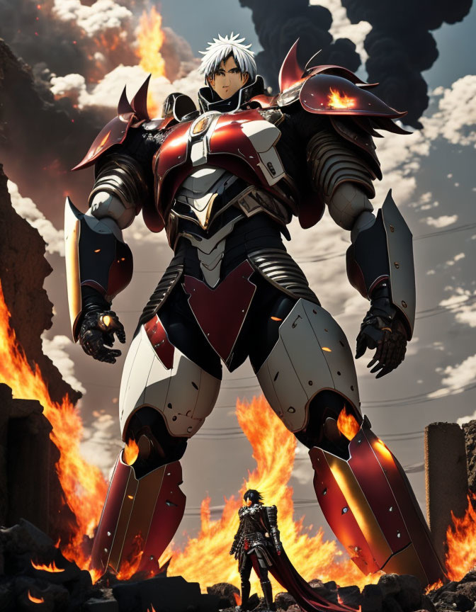 Anime-style character in red and black mech armor amidst flames and debris.