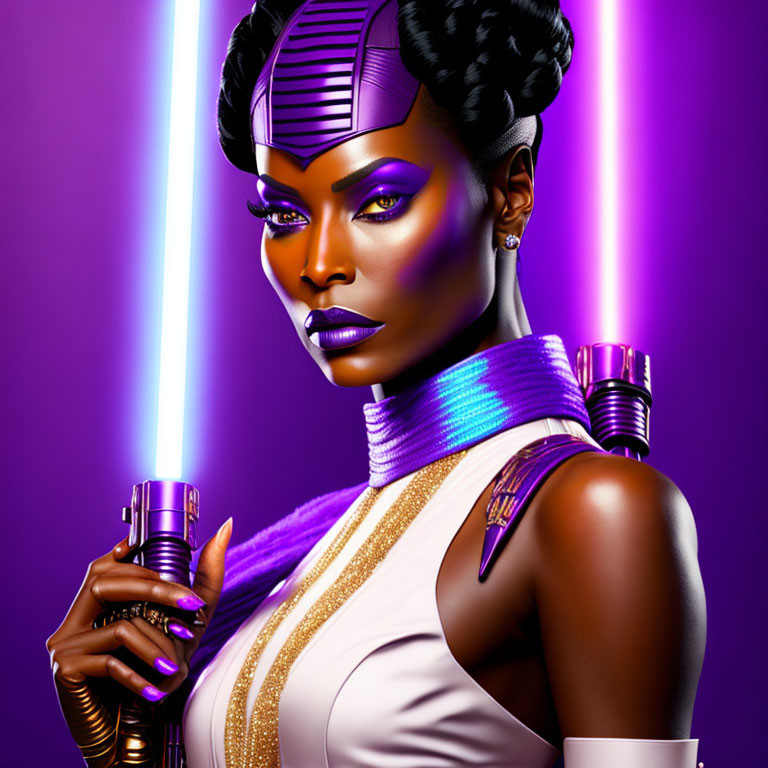 Digital artwork: Woman in futuristic attire with glowing purple rod on purple background