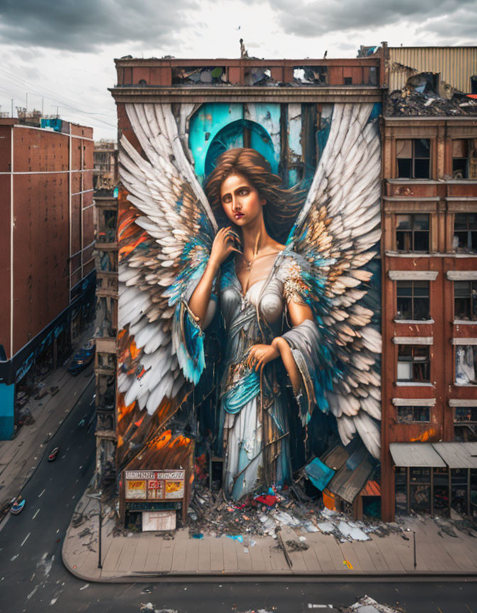 Large mural featuring angel with expansive wings overlooking street scene.