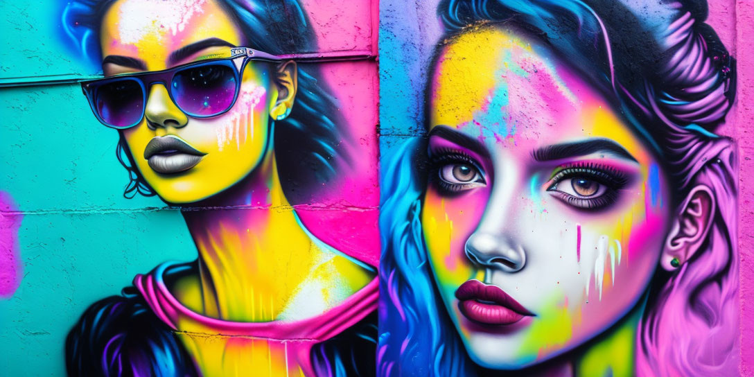 Colorful graffiti art featuring two women with paint drips on faces