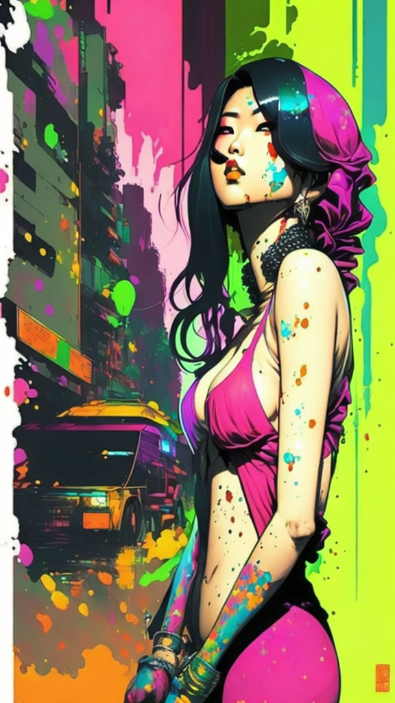 Colorful Stylized Woman in Urban Neon Setting with Paint Splashes and Yellow Car