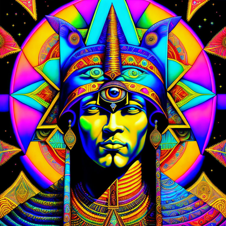 Colorful Psychedelic Illustration: Blue Face with Third Eye & Geometric Patterns