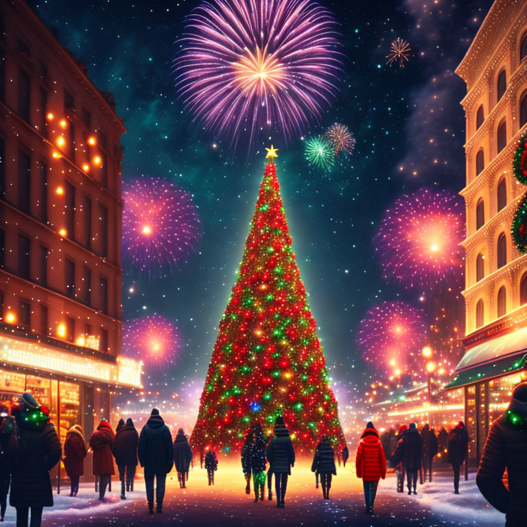 Vibrant holiday scene with Christmas tree, fireworks, and bustling crowd