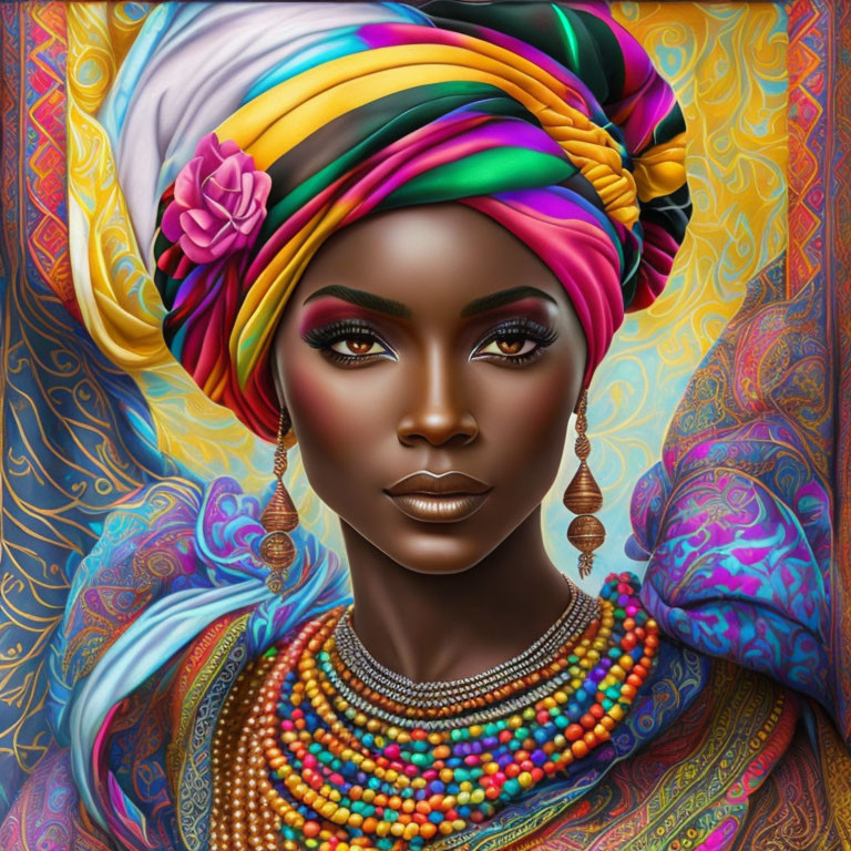 Colorful digital painting of a woman with a vibrant turban and intricate details.