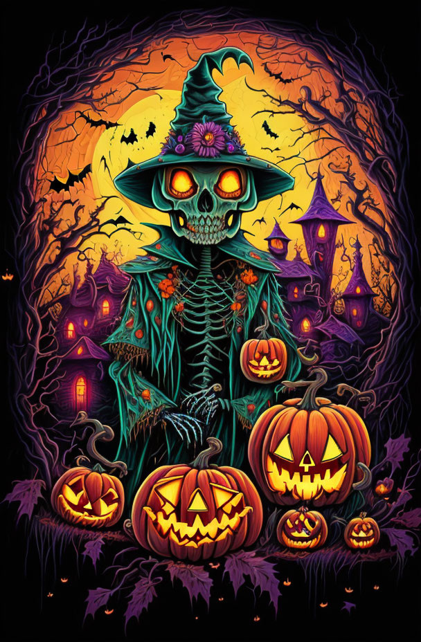 Colorful Halloween Skeleton with Witch Hat and Spooky Elements