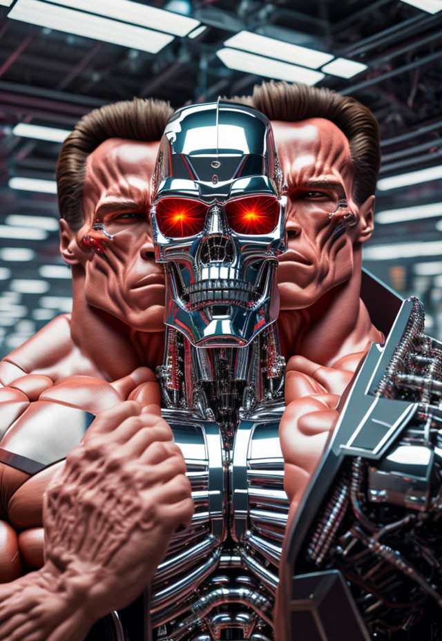 Futuristic robot between two muscular men with intense expressions.