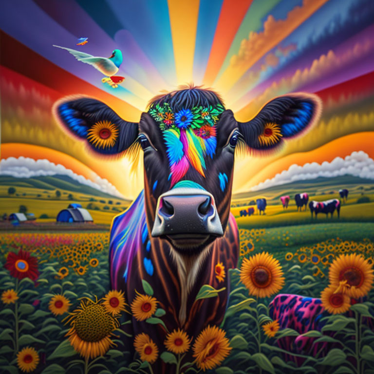 Colorful Cow Illustration with Psychedelic Patterns, Sunflowers, Sunset Sky, and Birds