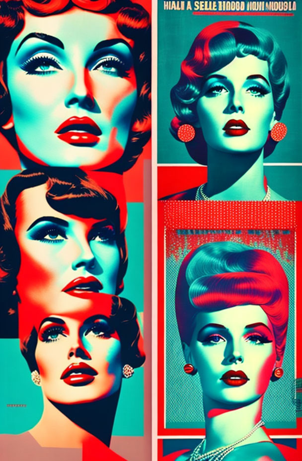 Stylized pop art portraits of a woman with vibrant red, turquoise, and black tones