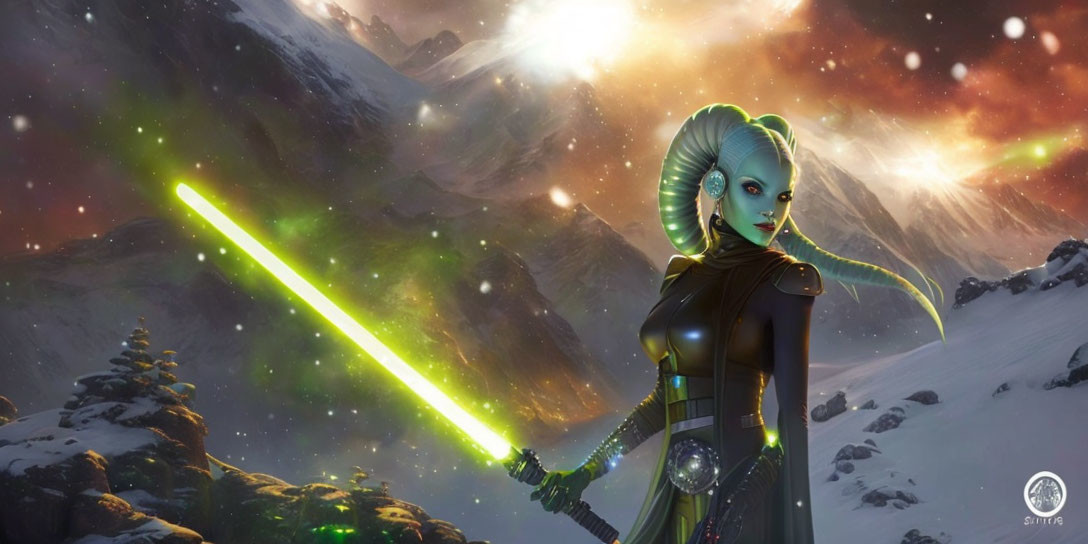 Green-skinned female alien with tentacles, holding green lightsaber in snowy mountain scene