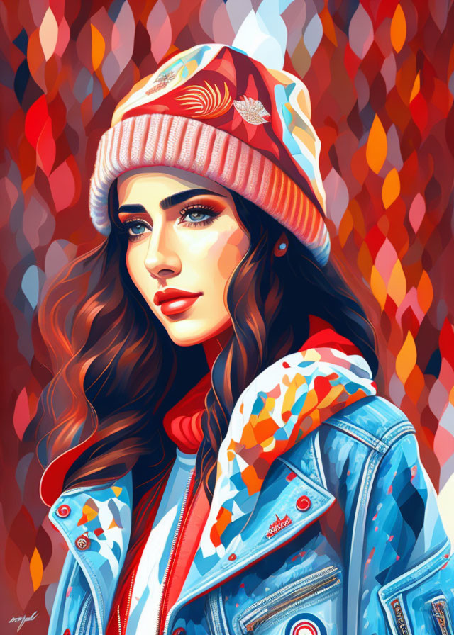 Digital portrait: Woman with long wavy hair, beanie, denim jacket on colorful abstract background