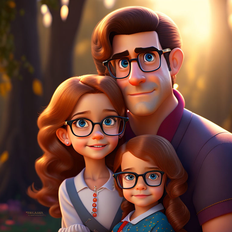 Stylized animated family portrait in sunlit autumn forest