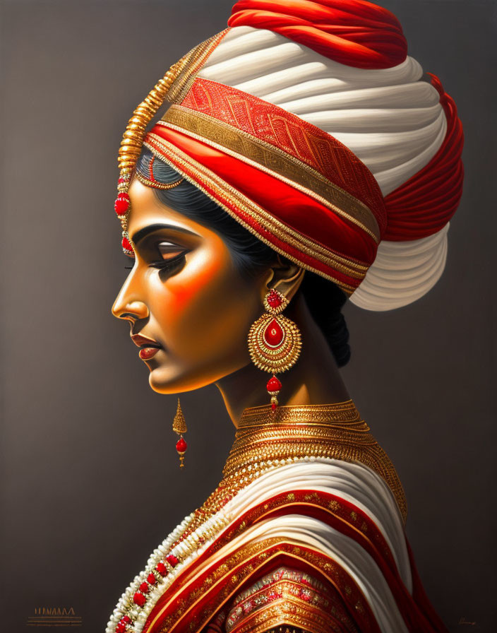 Traditional Indian Attire and Jewelry on Woman with Turban