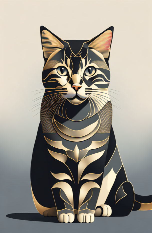 Stylized digital artwork of a golden-patterned cat on light background