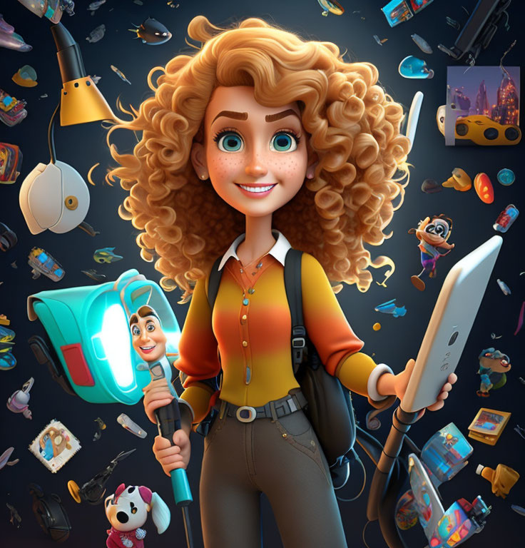 Curly-Haired Woman Surrounded by Floating Objects in Dark Animated Scene