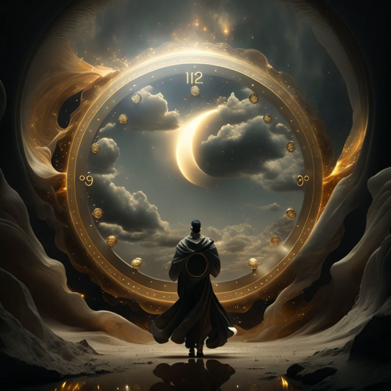 Cloaked Figure and Giant Clock in Cosmic Setting