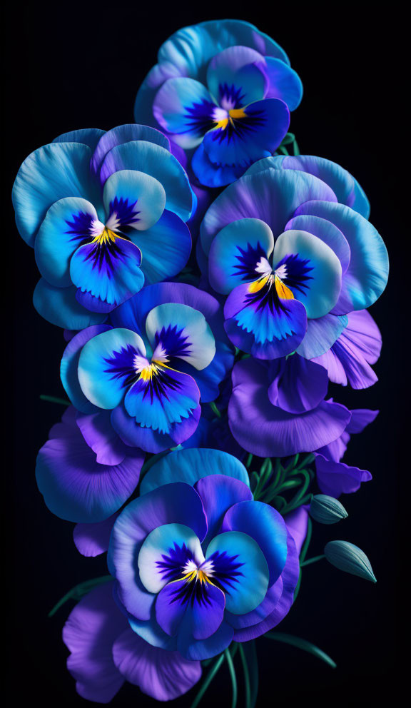 Colorful close-up of blue and purple pansies on dark backdrop