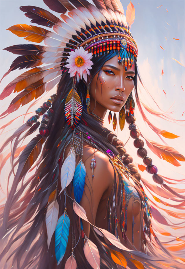 Detailed Native American headdress on woman in digital artwork