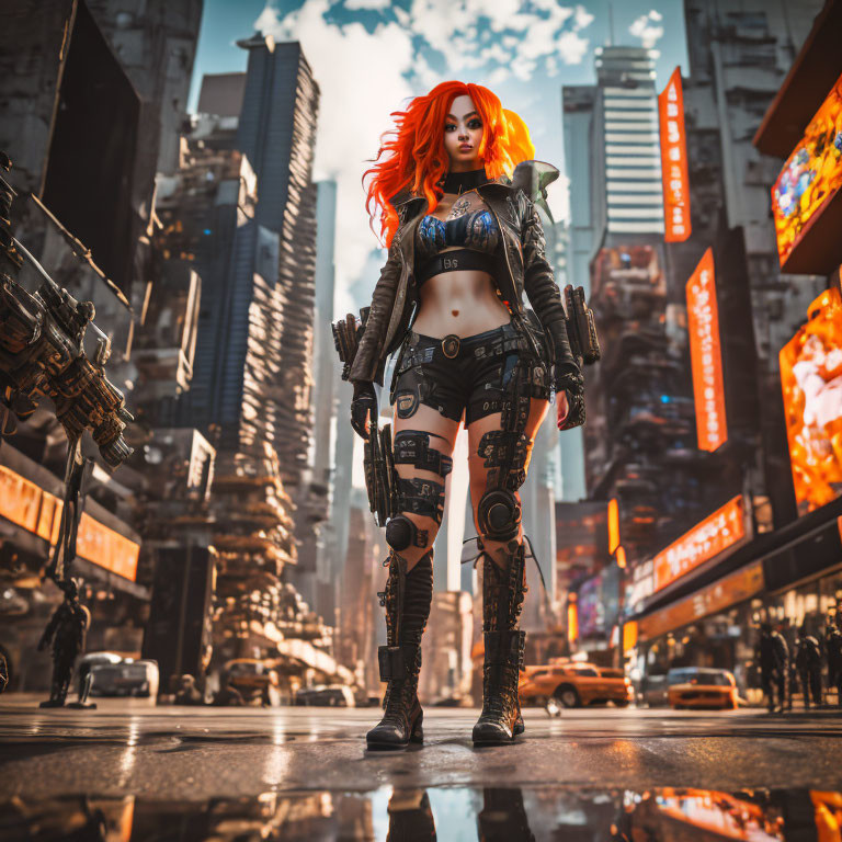 Futuristic urban setting with confident female character in cybernetic enhancements