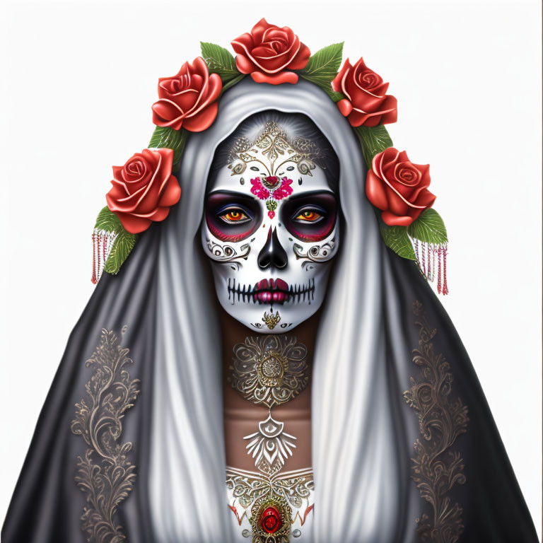 Person with elaborate skull makeup, crown of roses, and decorative veil for Dia de los Muertos.