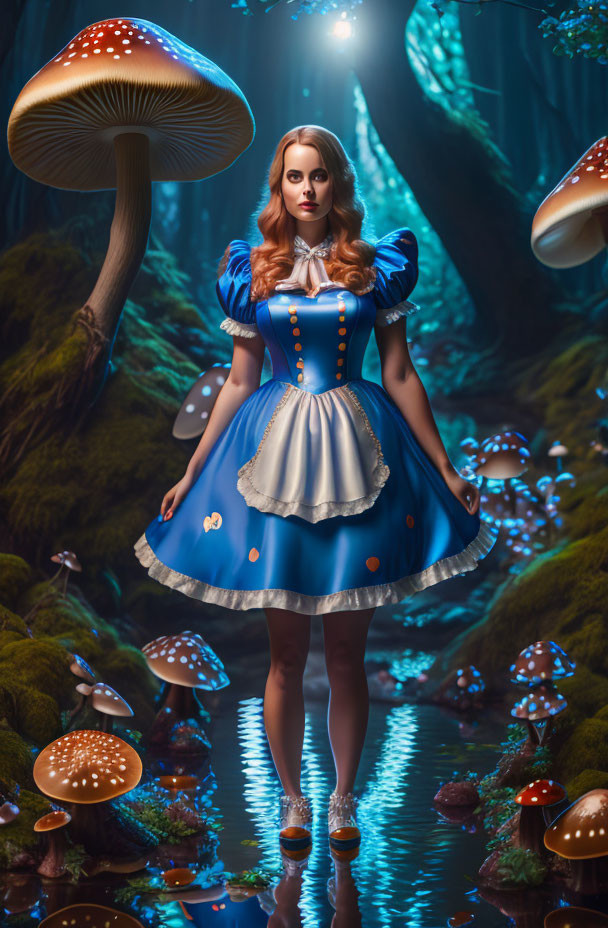 Woman in Alice in Wonderland costume surrounded by glowing mushrooms in enchanted forest