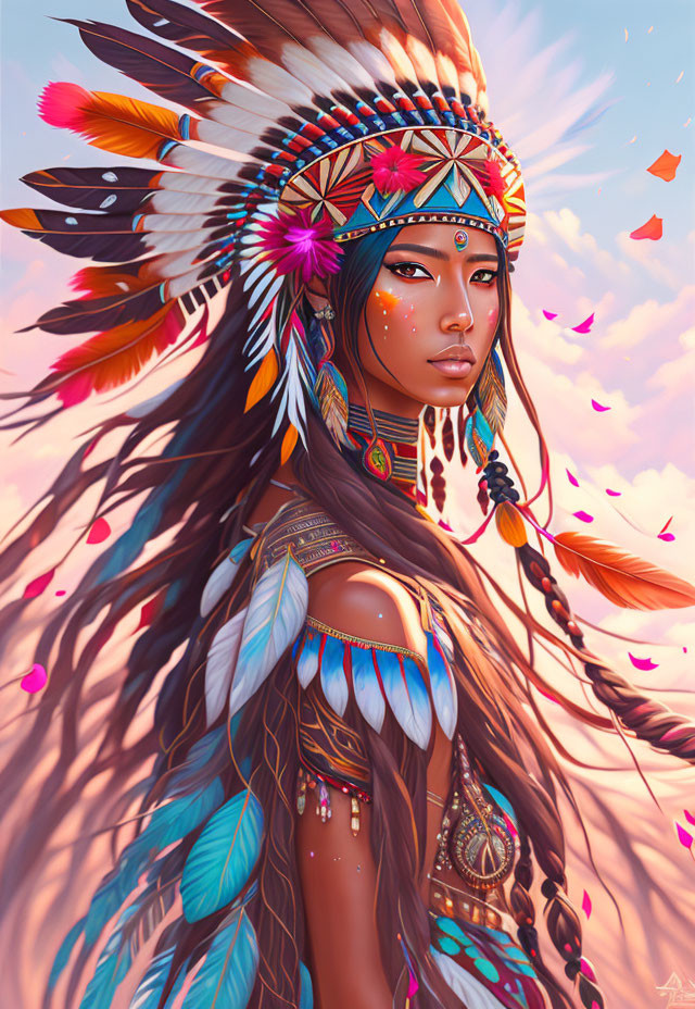 Digital Art Portrait: Woman with Feathered Headdress in Warm Sunset Colors