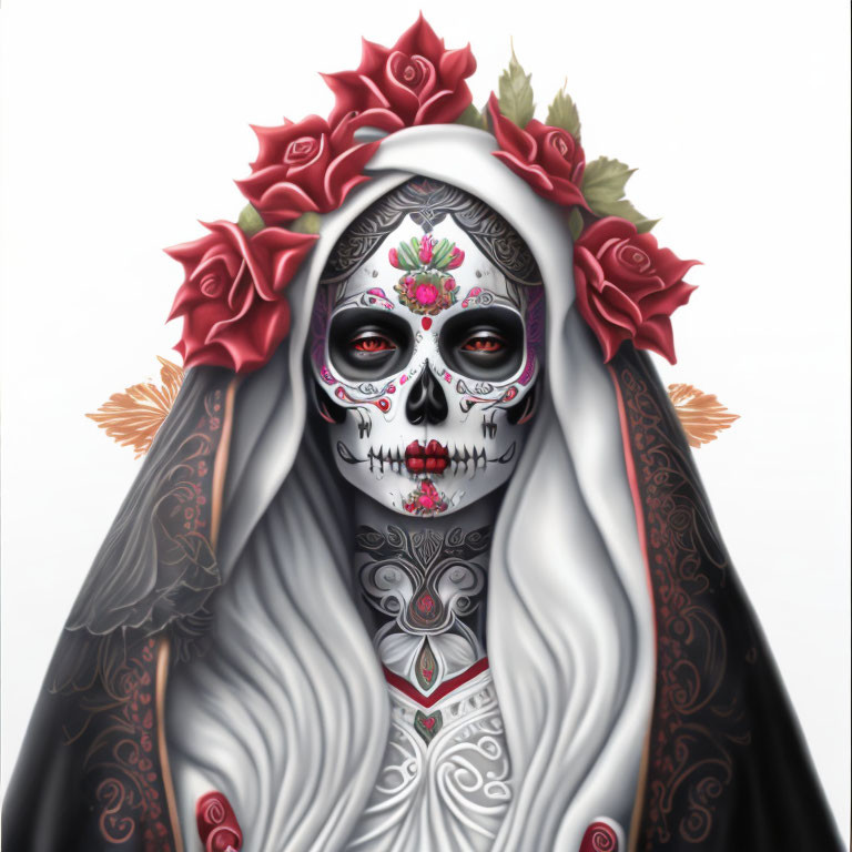 Person with Catrina skull face and red rose headdress for Day of the Dead.