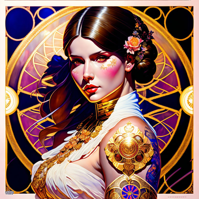 Elaborate golden tattooed woman with fantasy elements against mystical backdrop